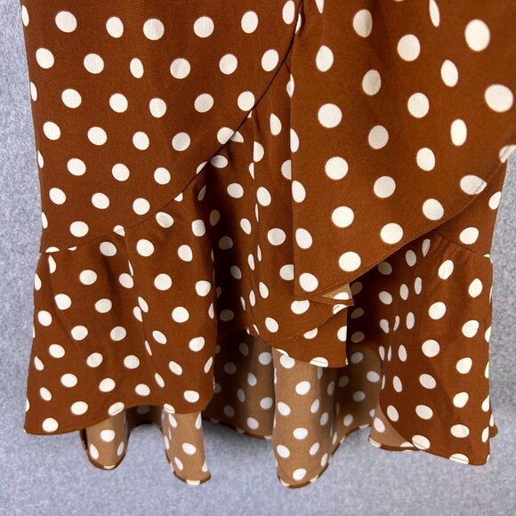 Sanctuary Dress Women 0 Brown White Polka Dot Mini Wrap Ruffle Preppy Casual NWT - Picture 9 of 12